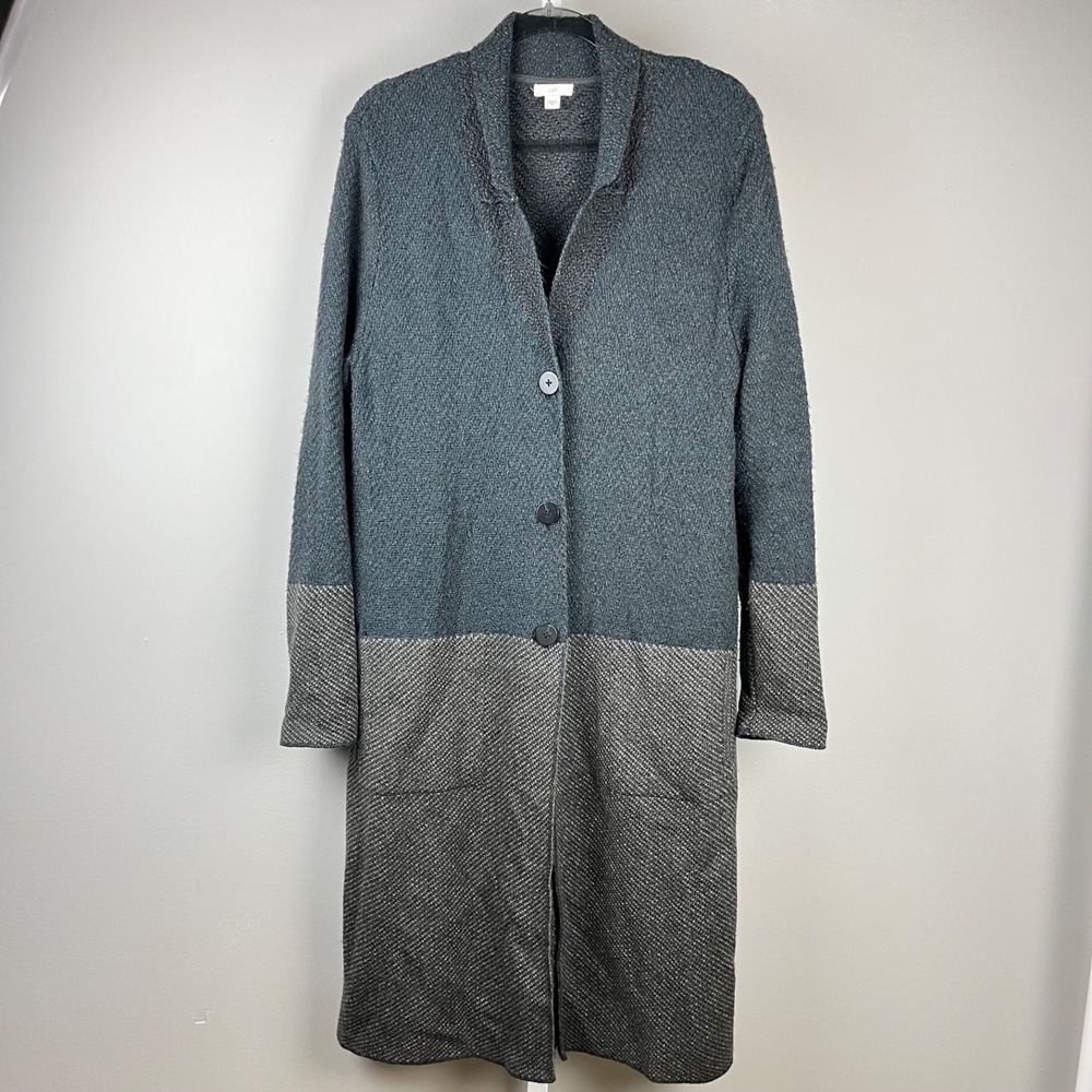 J. Jill Long Line Cardigan Duster Sweater Womens M Button Front Cozy Gray Teal